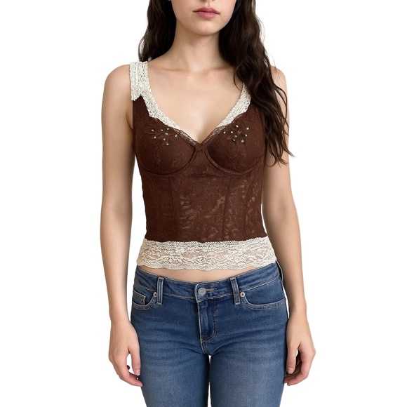 Womens Y2K Brown Lace Corset Top Lace Up Back Beaded Sequin Fairycore Sz Small - Picture 1 of 11